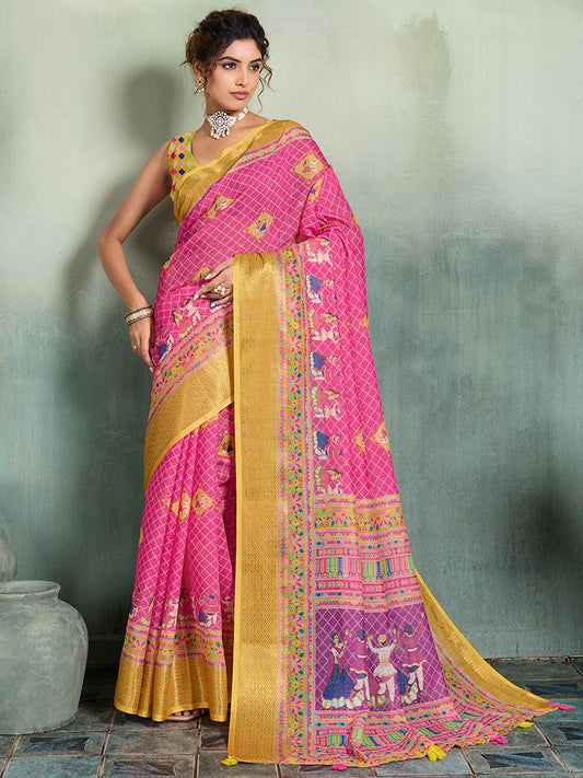 Women's Linen Printed Saree With Unstitched Blouse Piece