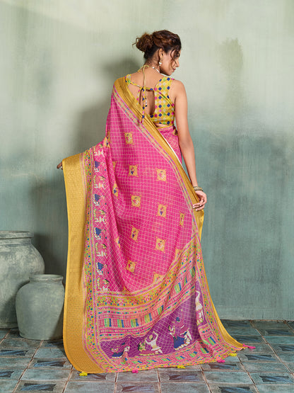 Women's Linen Printed Saree With Unstitched Blouse Piece
