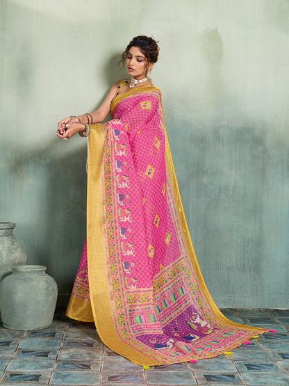 Women's Linen Printed Saree With Unstitched Blouse Piece