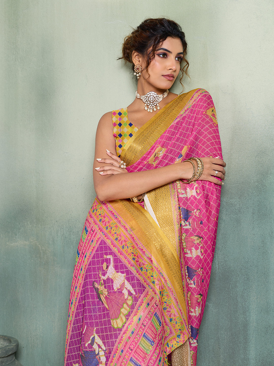 Women's Linen Printed Saree With Unstitched Blouse Piece