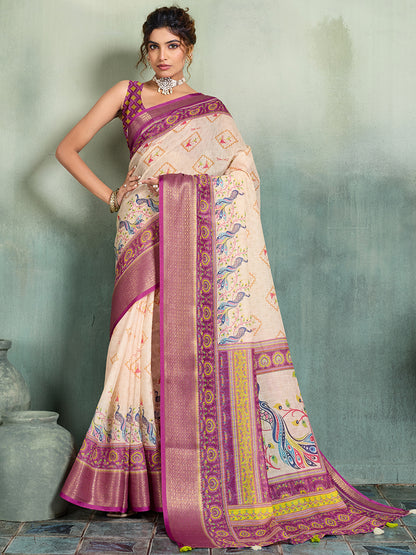 Women's Linen Printed Saree With Unstitched Blouse Piece