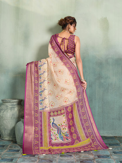 Women's Linen Printed Saree With Unstitched Blouse Piece
