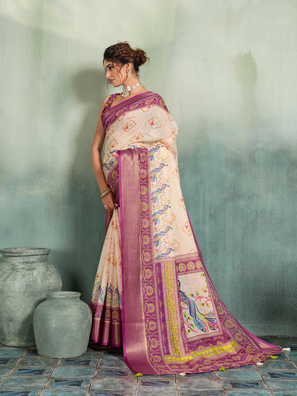 Women's Linen Printed Saree With Unstitched Blouse Piece
