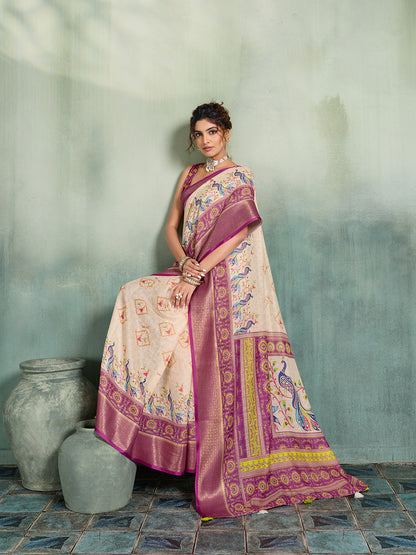 Women's Linen Printed Saree With Unstitched Blouse Piece