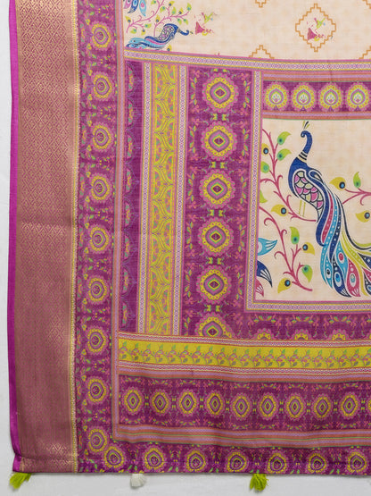 Women's Linen Printed Saree With Unstitched Blouse Piece