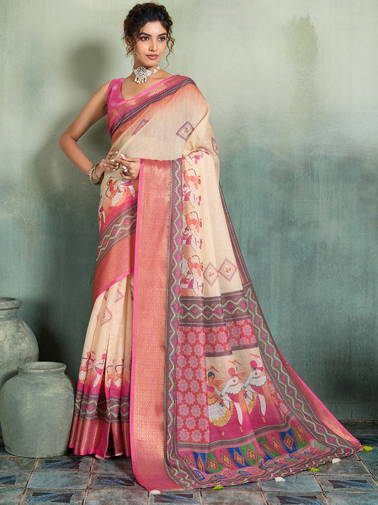 Women's Linen Printed Saree With Unstitched Blouse Piece