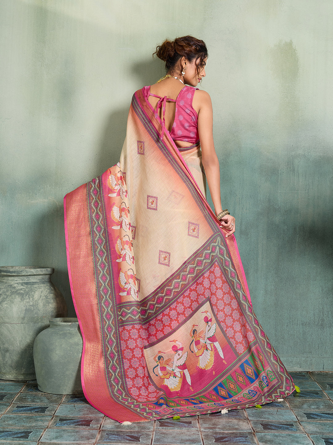 Women's Linen Printed Saree With Unstitched Blouse Piece