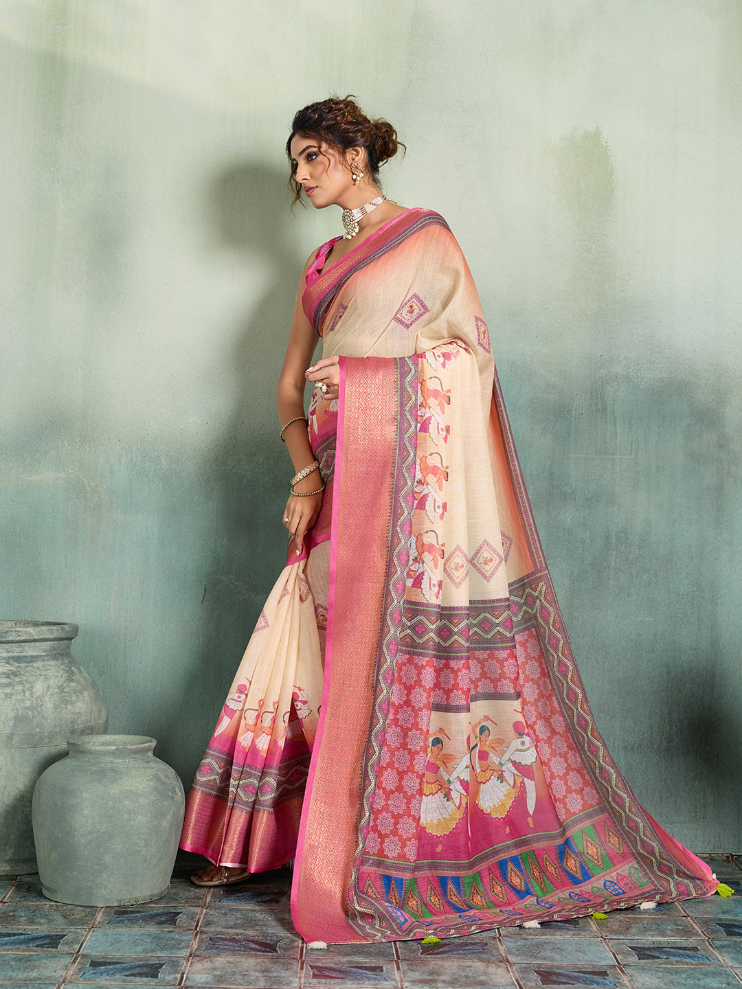 Women's Linen Printed Saree With Unstitched Blouse Piece