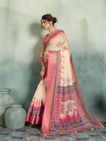Women's Linen Printed Saree With Unstitched Blouse Piece