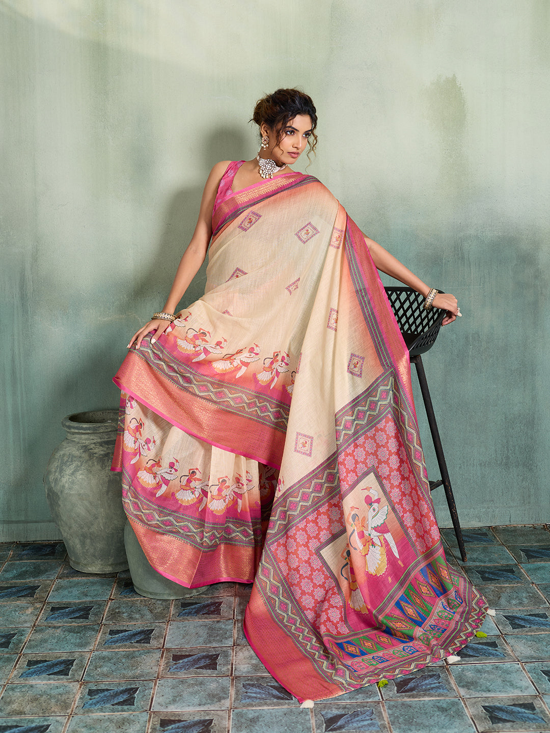 Women's Linen Printed Saree With Unstitched Blouse Piece