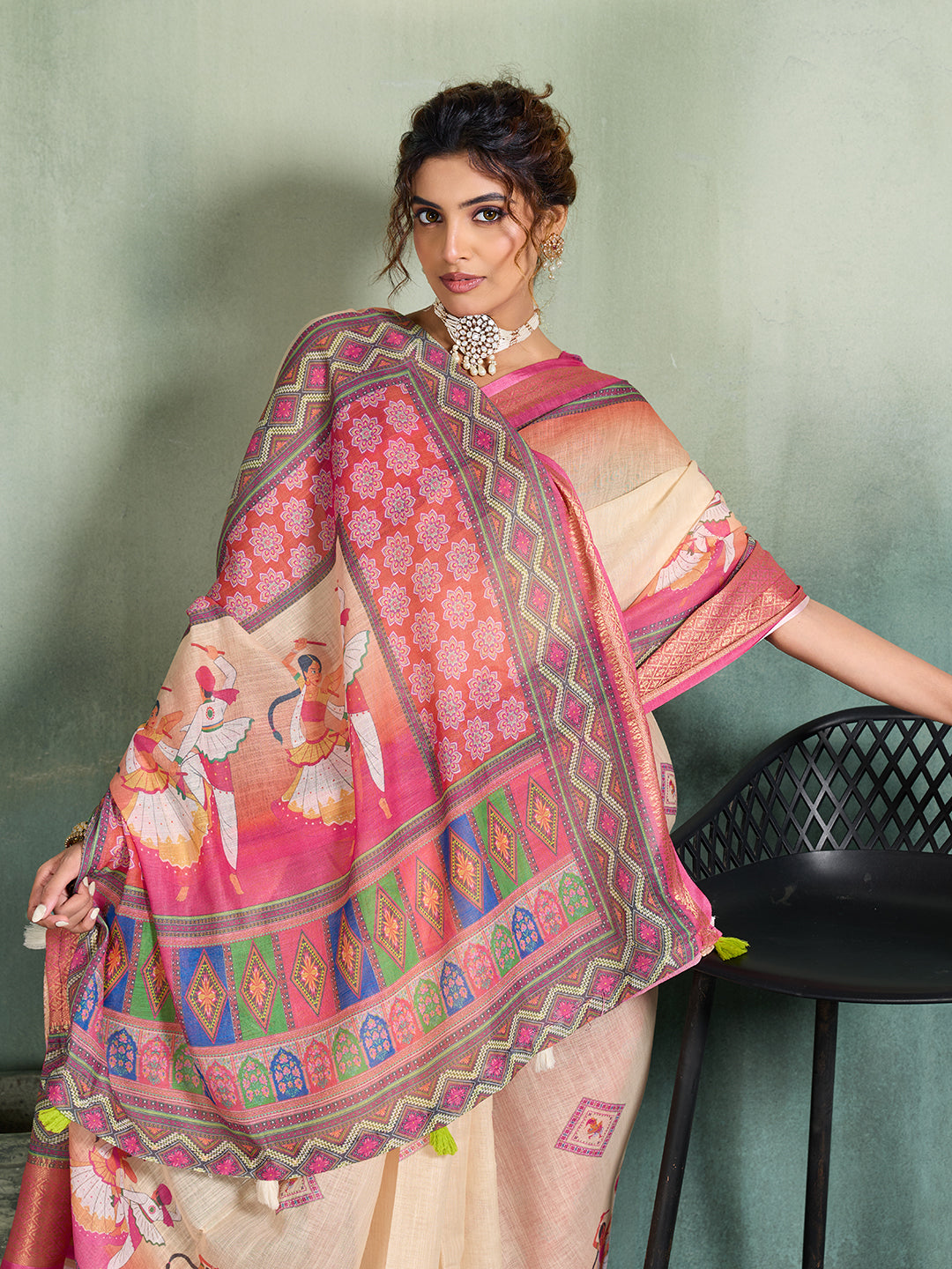 Women's Linen Printed Saree With Unstitched Blouse Piece