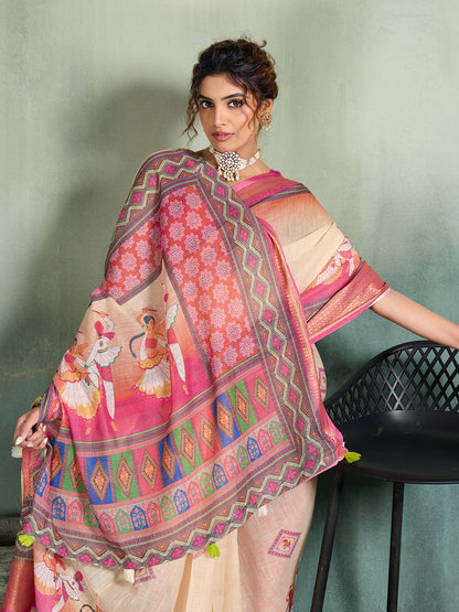 Women's Linen Printed Saree With Unstitched Blouse Piece