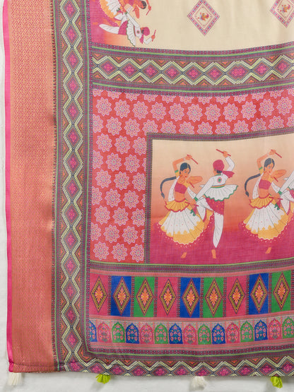 Women's Linen Printed Saree With Unstitched Blouse Piece