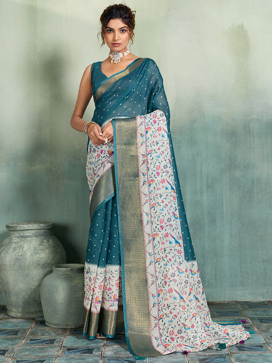 Women's Linen Printed Saree With Unstitched Blouse Piece