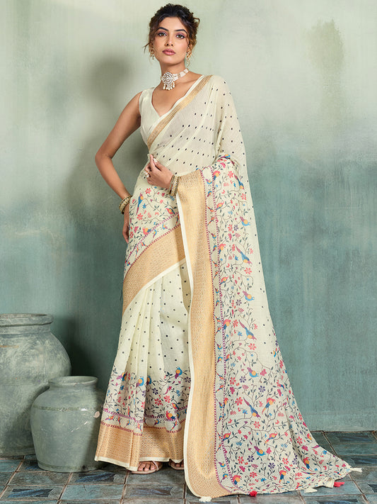 Women's Linen Printed Saree With Unstitched Blouse Piece