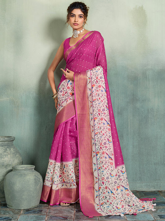 Women's Linen Printed Saree With Unstitched Blouse Piece