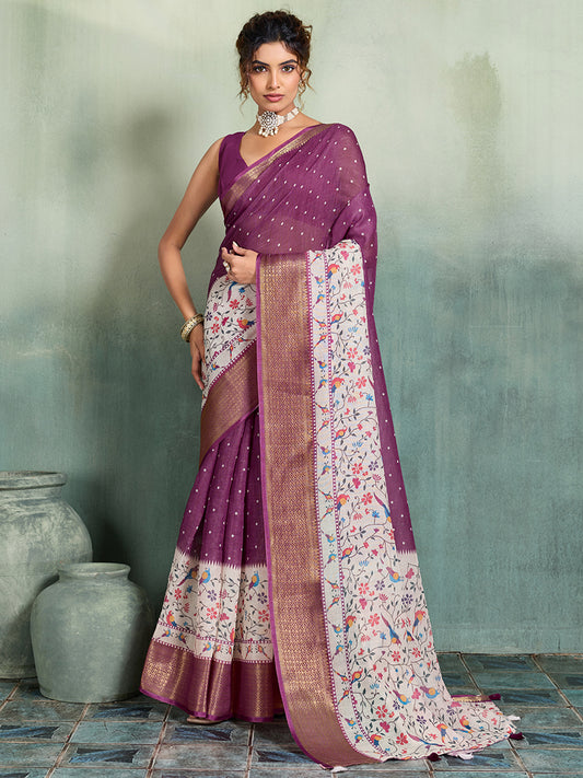 Women's Linen Printed Saree With Unstitched Blouse Piece