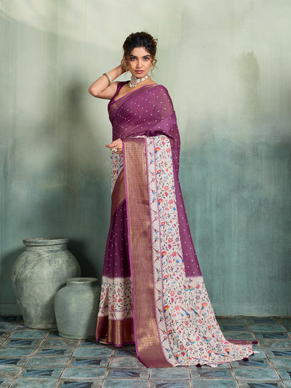 Women's Linen Printed Saree With Unstitched Blouse Piece