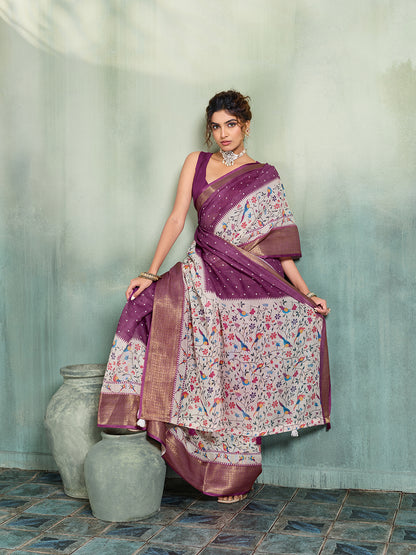 Women's Linen Printed Saree With Unstitched Blouse Piece