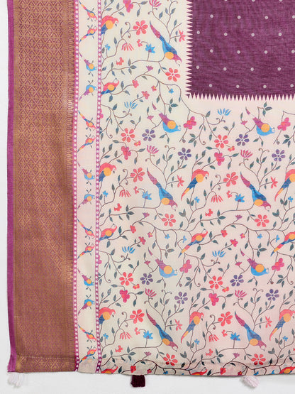 Women's Linen Printed Saree With Unstitched Blouse Piece