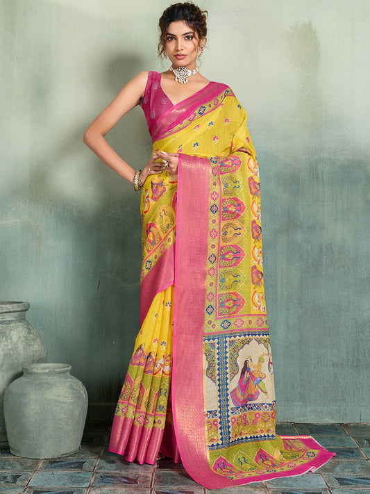 Women's Linen Printed Saree With Unstitched Blouse Piece