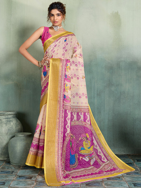 Women's Linen Printed Saree With Unstitched Blouse Piece