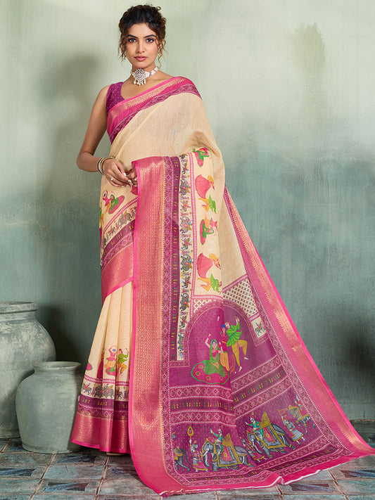 Women's Linen Printed Saree With Unstitched Blouse Piece
