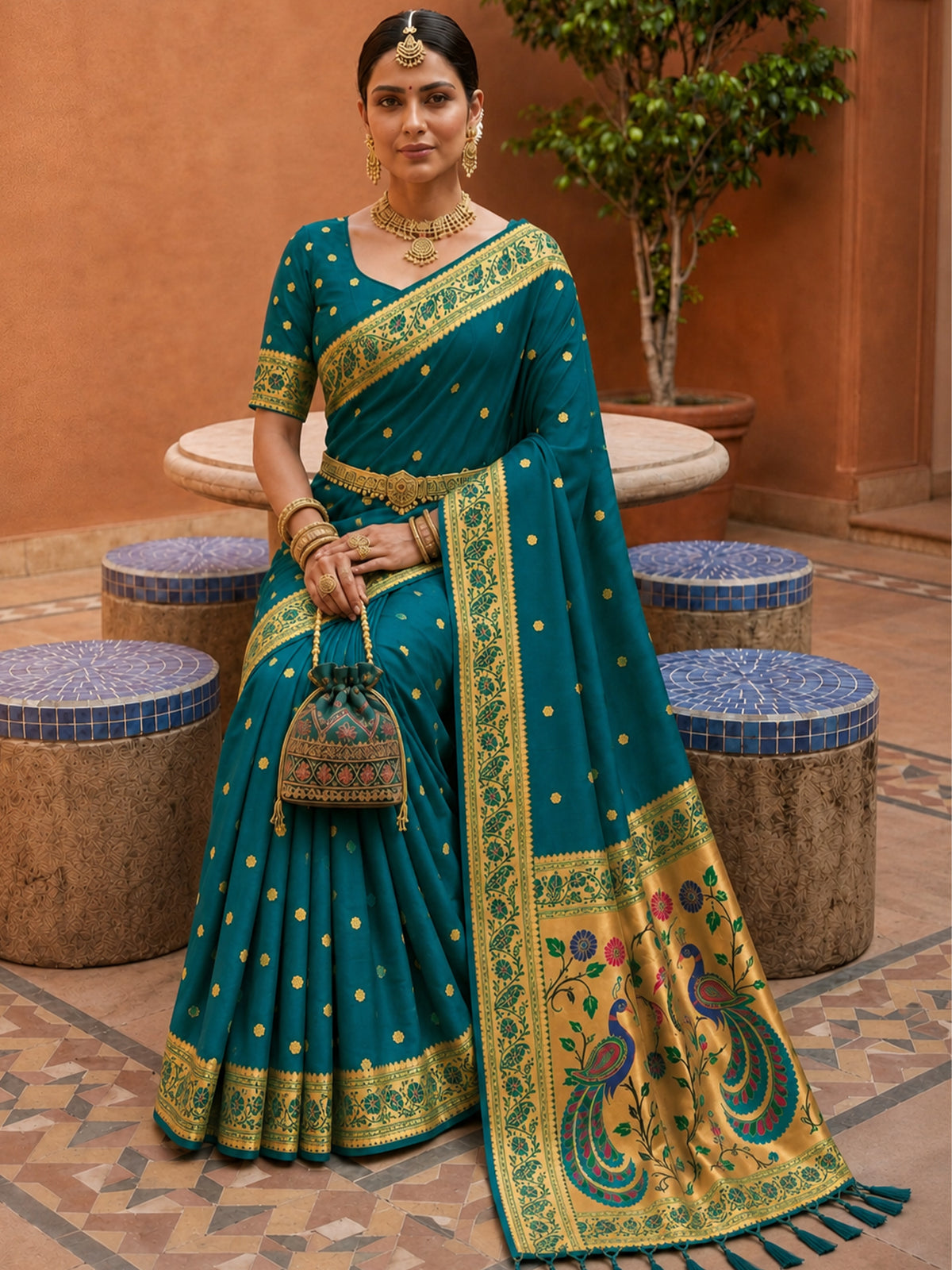 Women's Paithani Silk Saree With Unstitched Blouse Piece