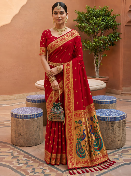 Women's Paithani Silk Saree With Unstitched Blouse Piece