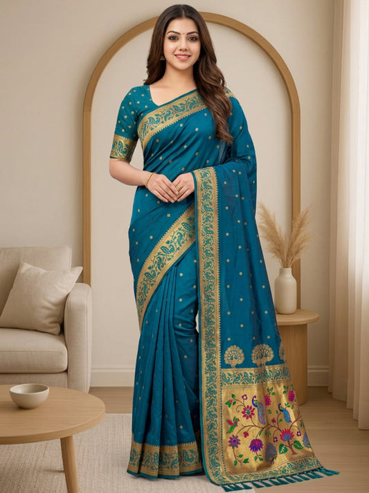 Women's Paithani Silk Saree With Unstitched Blouse Piece