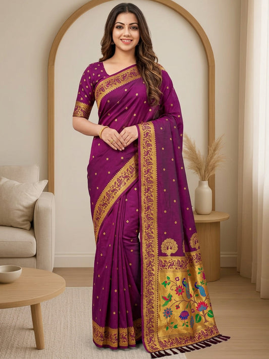 Women's Paithani Silk Saree With Unstitched Blouse Piece
