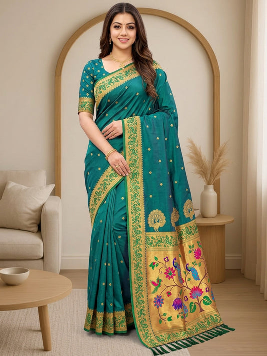 Women's Paithani Silk Saree With Unstitched Blouse Piece