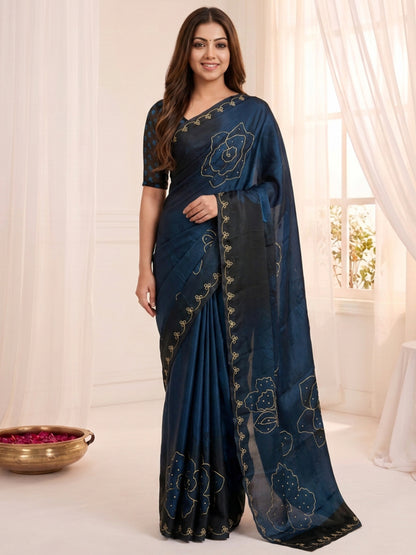 Women's Fendy Satin Saree With Unstitched Blouse Piece