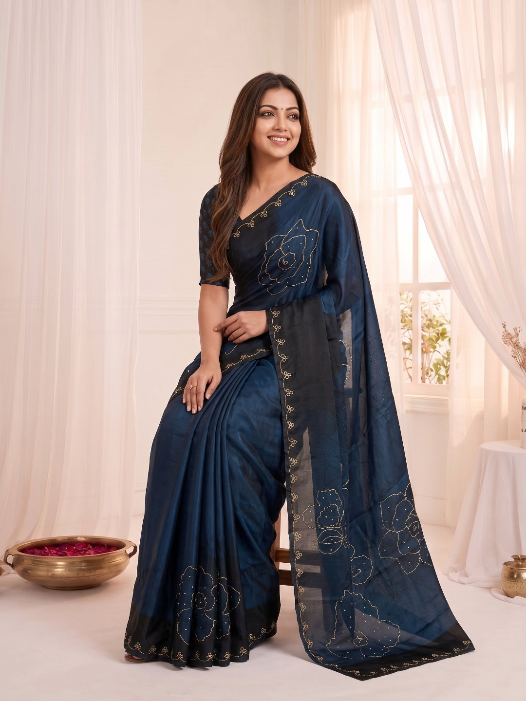Women's Fendy Satin Saree With Unstitched Blouse Piece