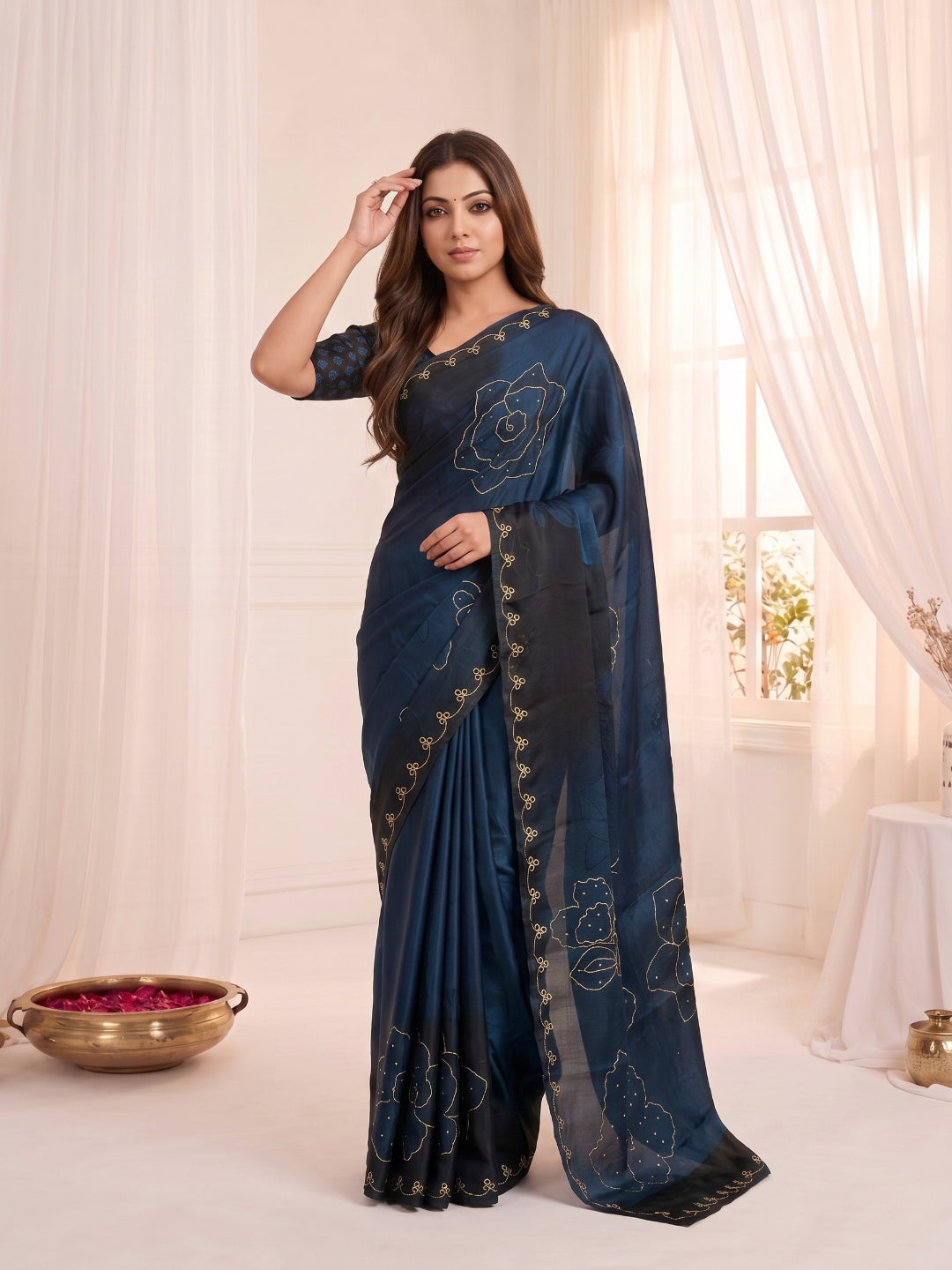 Women's Fendy Satin Saree With Unstitched Blouse Piece