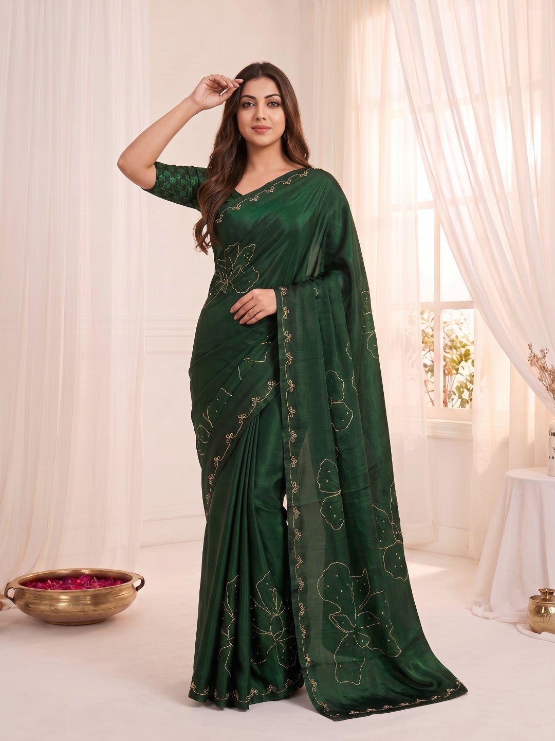 Women's Fendy Satin Saree With Unstitched Blouse Piece