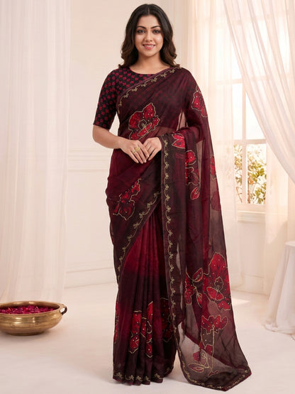 Women's Fendy Satin Saree With Unstitched Blouse Piece