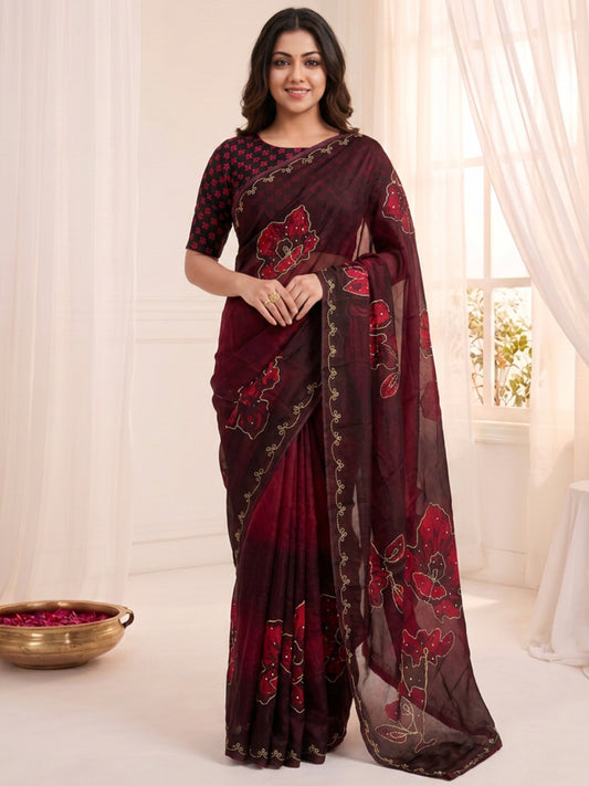 Women's Fendy Satin Saree With Unstitched Blouse Piece