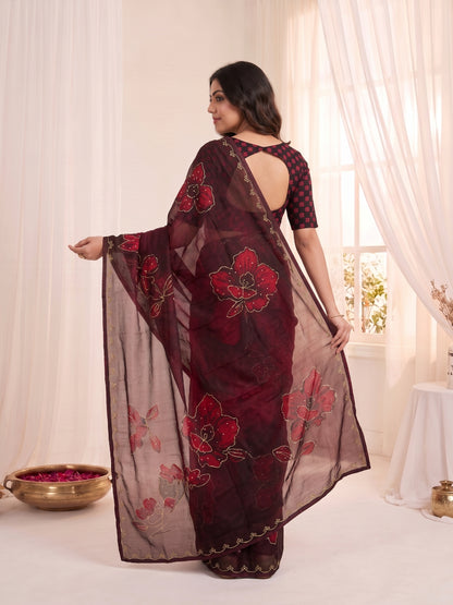 Women's Fendy Satin Saree With Unstitched Blouse Piece