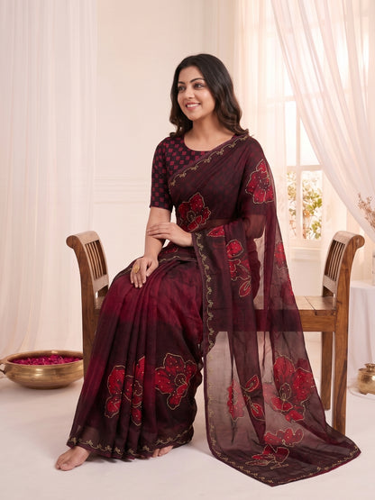 Women's Fendy Satin Saree With Unstitched Blouse Piece