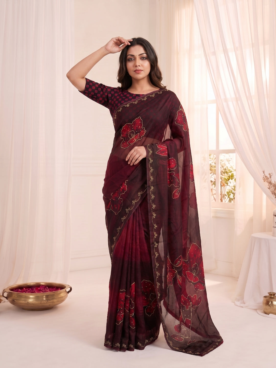 Women's Fendy Satin Saree With Unstitched Blouse Piece