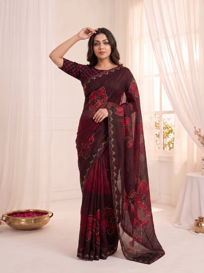Women's Fendy Satin Saree With Unstitched Blouse Piece