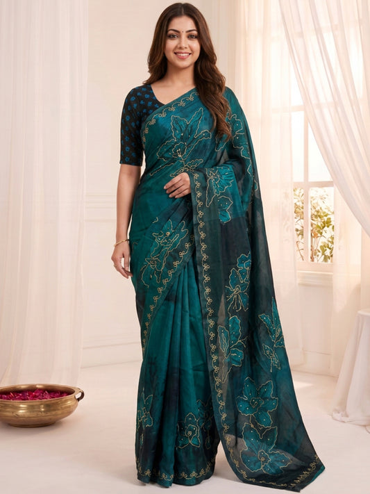 Women's Fendy Satin Saree With Unstitched Blouse Piece