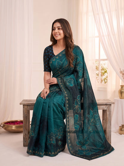 Women's Fendy Satin Saree With Unstitched Blouse Piece