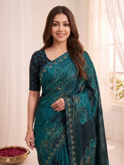 Women's Fendy Satin Saree With Unstitched Blouse Piece