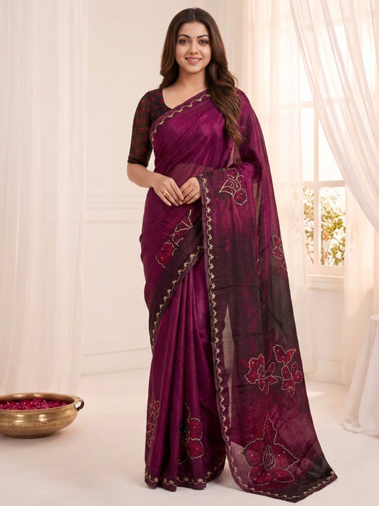 Women's Fendy Satin Saree With Unstitched Blouse Piece