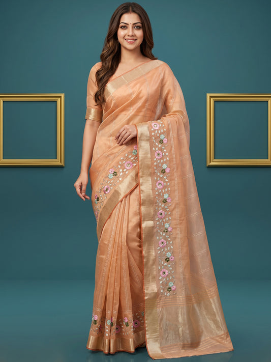 Women's Organza Tissue Silk Saree With Unstitched Blouse Piece