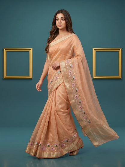 Women's Organza Tissue Silk Saree With Unstitched Blouse Piece
