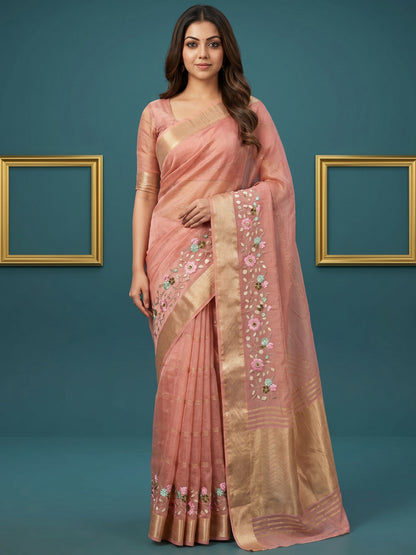 Women's Organza Tissue Silk Saree With Unstitched Blouse Piece