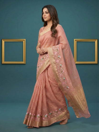 Women's Organza Tissue Silk Saree With Unstitched Blouse Piece